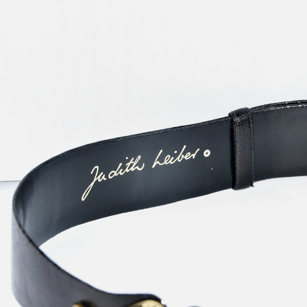 Judith Leiber Embossed Black Snake Print Leather Belt w/Jeweled Cabochon Buckle - Picture 4 of 7
